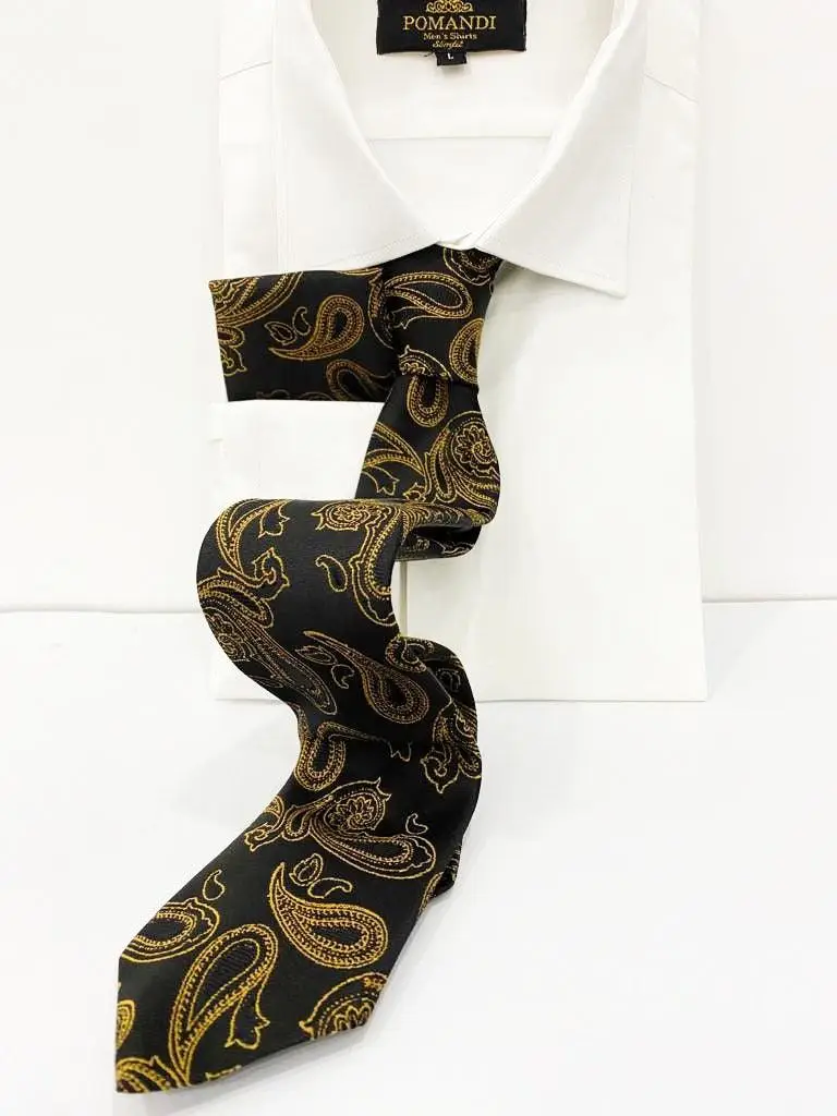 Cravate noire à motifs paisley dorés avec chemise blanche