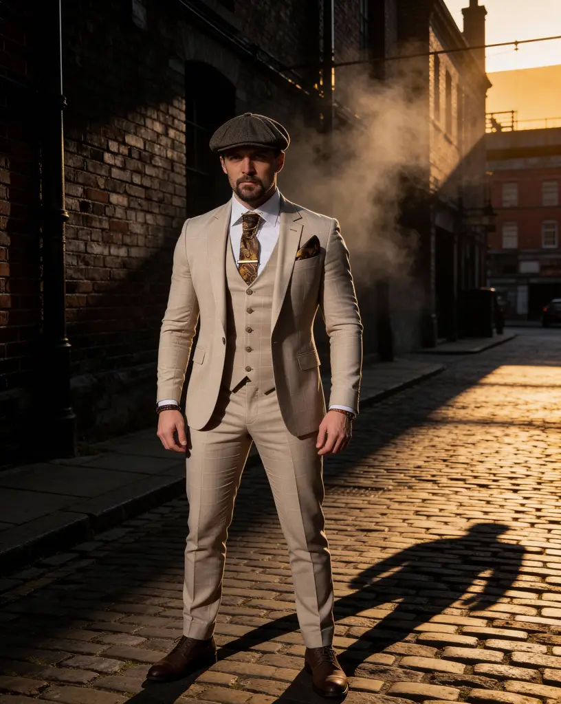 AI generated image for Cream Beige Three-Piece Suit with Paisley Tie