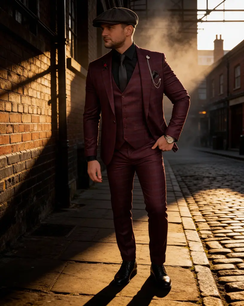 AI generated image for Burgundy Checkered Three-Piece Suit with Black Accents