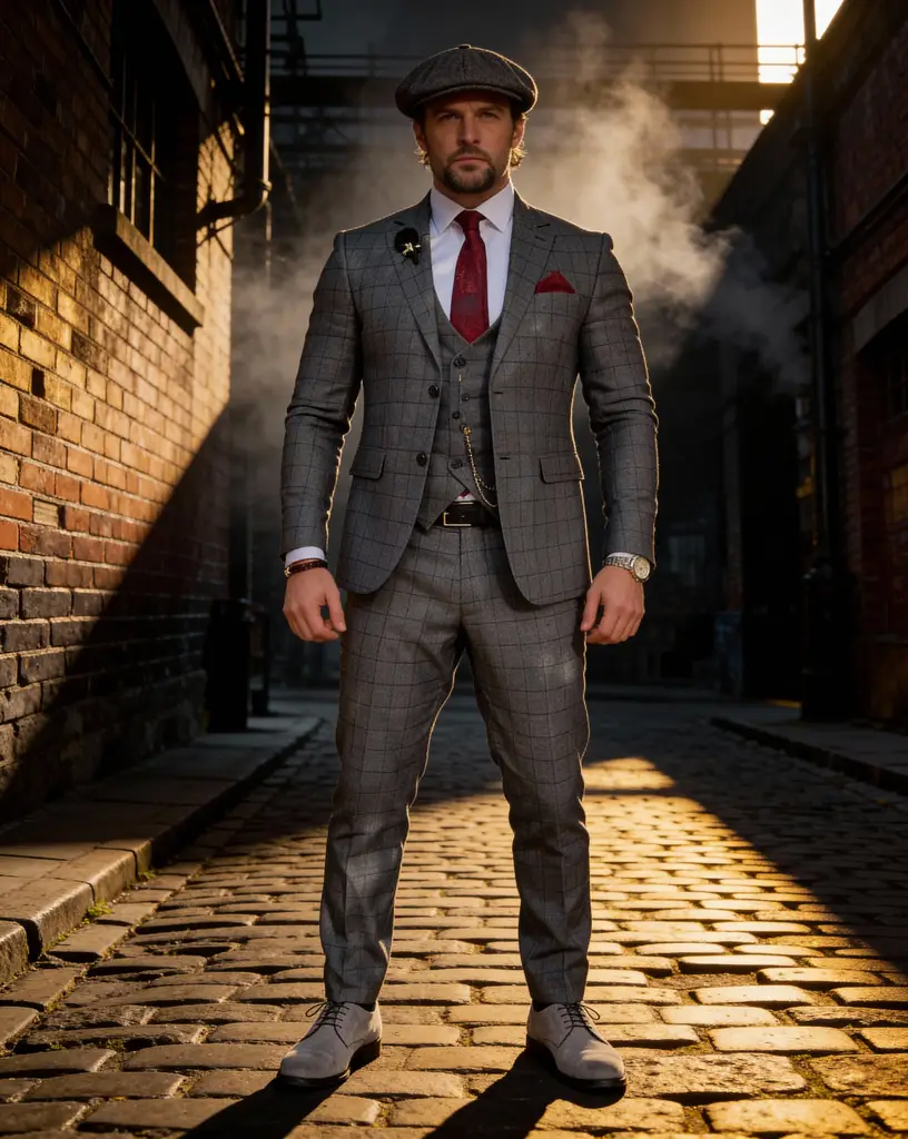 AI generated image for Gray Checkered Three-Piece Suit with Red Accents