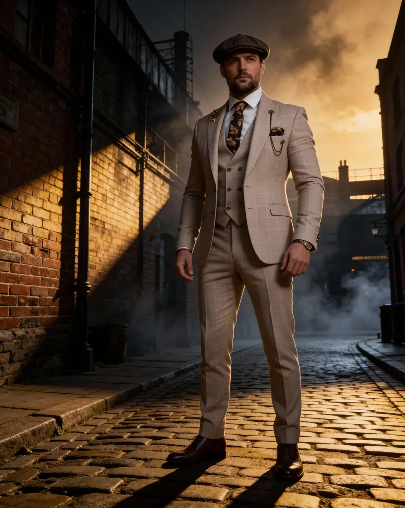 AI generated image for Beige Checkered Suit with Brown Leaf Tie