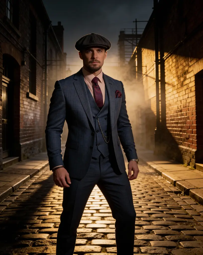 AI generated image for Slate Gray Checked Suit with Burgundy Accents