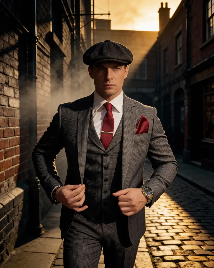 AI generated image for Grey Plaid Three-Piece Suit with Red Accents