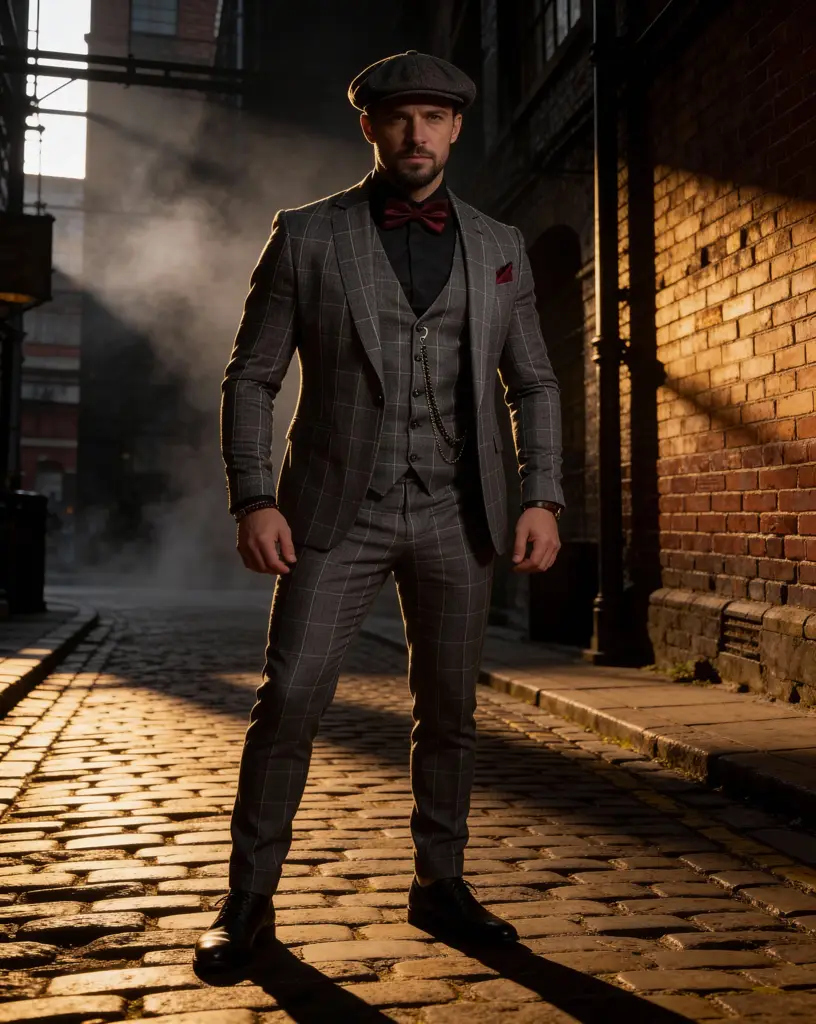 AI generated image for Grey Checked Suit with Burgundy Accents