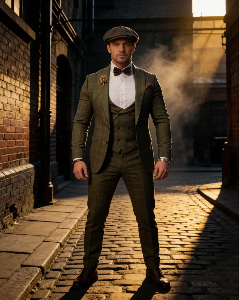 AI generated image for Olive Green Checkered Suit with Brown Accents