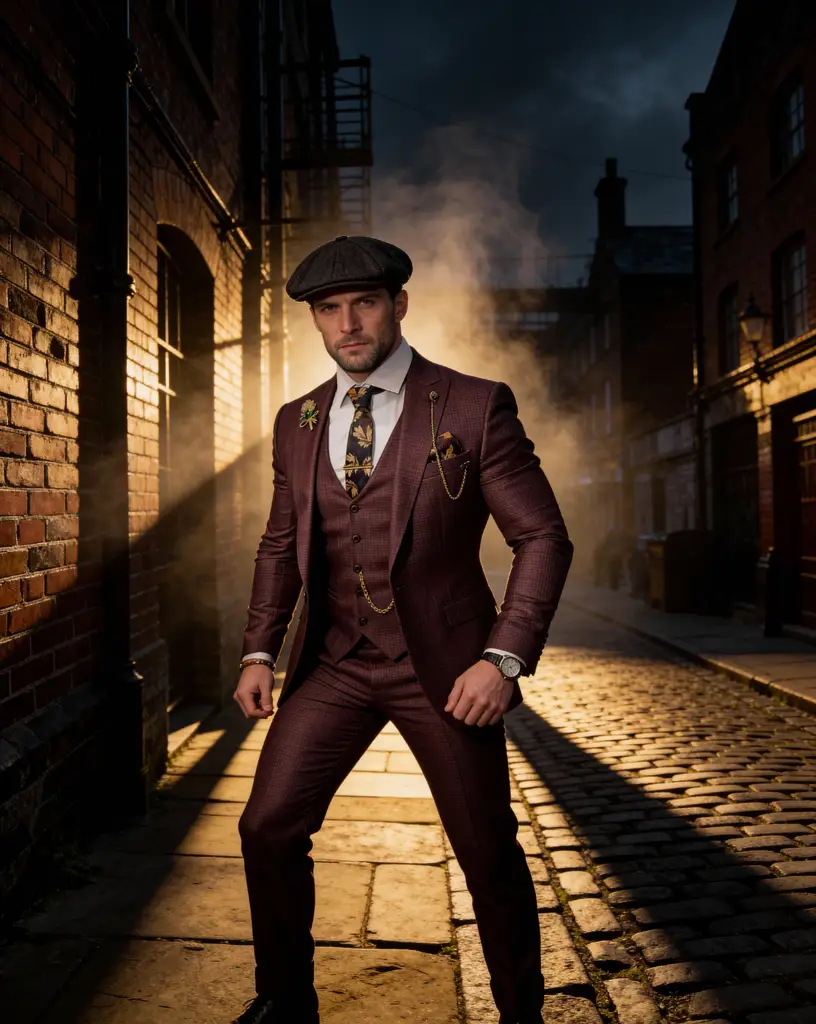 AI generated image for Burgundy Checkered Suit with Leaf Patterned Tie