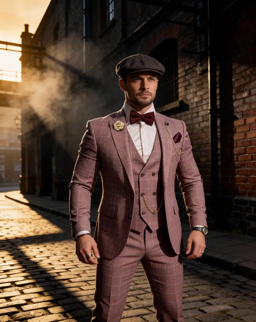 AI generated image for Burgundy Checkered Three-Piece Suit with Bow Tie