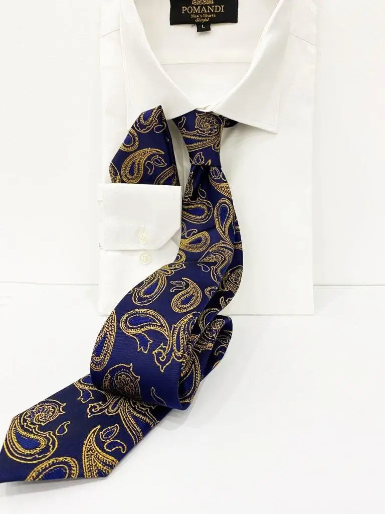 Cravate bleue à motifs paisley sur chemise blanche